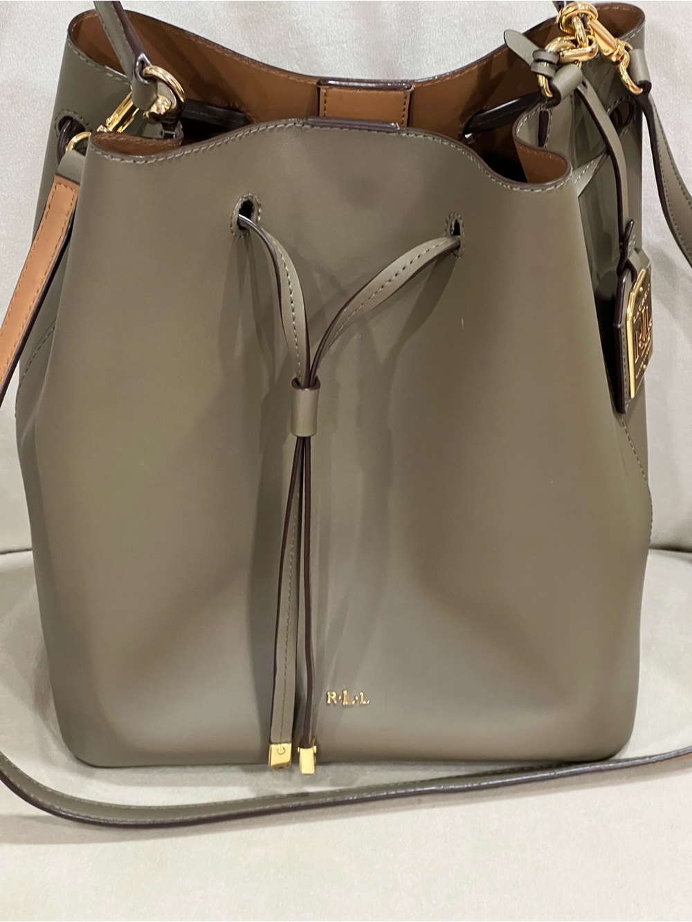 Ralph Lauren Olive Green Leather Drawstring Bucket Bag with Gold Hardware